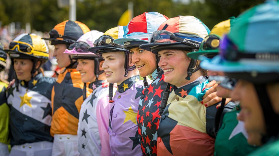 Thea Gosden Hood (centre left in lavender) with Candida Crawford (stars) who jointly won the Magnolia Cup on LadiesÕ Day at the Qatar Goodwood Festival today..Picture date: Thursday July 29, 2021..Photograph by Christopher Ison ©.07544044177.chris@christopherison.com.www.christopherison.com..IMPORTANT NOTE REGARDING IMAGE LICENCING FOR THIS PHOTOGRAPH: This image is supplied to the client under the terms previously agree. No sales are permitted unless expressly agreed in writing by the photographer..Thea Gosden Hood (centre left in lavender) with Candida Crawford (stars) who jointly won the Magnolia Cup on Ladies’ Day at the Qatar Goodwood Festival today..Picture date: Thursday July 29, 2021..Photograph by Christopher Ison ©.07544044177.chris@christopherison.com.www.christopherison.com..IMPORTANT NOTE REGARDING IMAGE LICENCING FOR THIS PHOTOGRAPH: This image is supplied to the client under the terms previously agree. No sales are permitted unless expressly agreed in writing by the photographer.