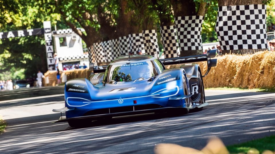 Romain Dumas driving Volkswagen ID. R on the Goodwood FOS hillclimb