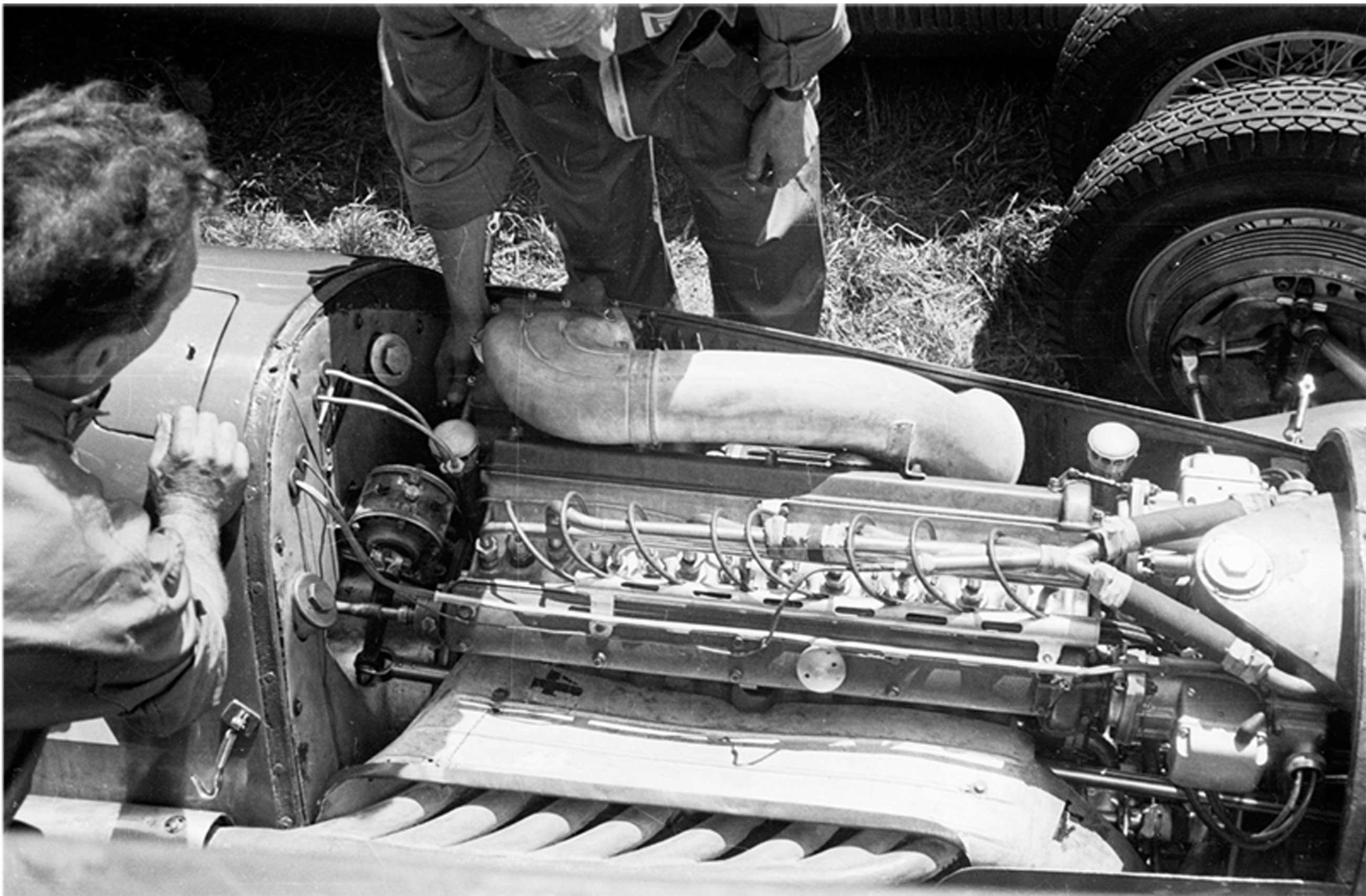 The highly-supercharged Alfetta’s straight-8-cylinder engine - supercharger intake trunk at top of photo providing the way in - eight exhaust primaries at foot providing the way out… There was more than 400-horsepower here.