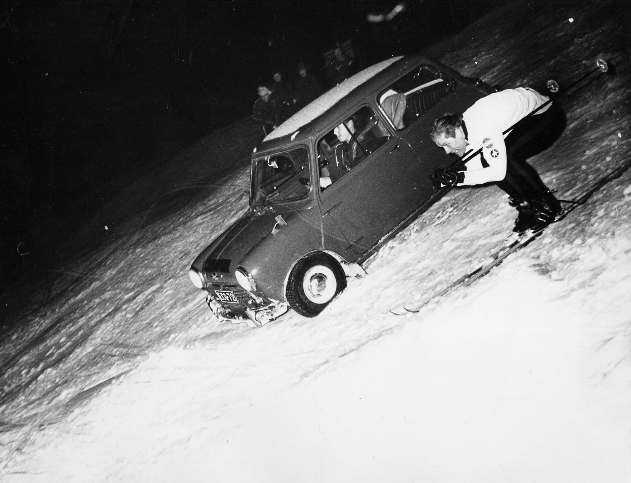 Timo Makinen in the works Mini-Cooper found some competition here from downhill racer Kallevi Hakkinen at Turku in 1967!