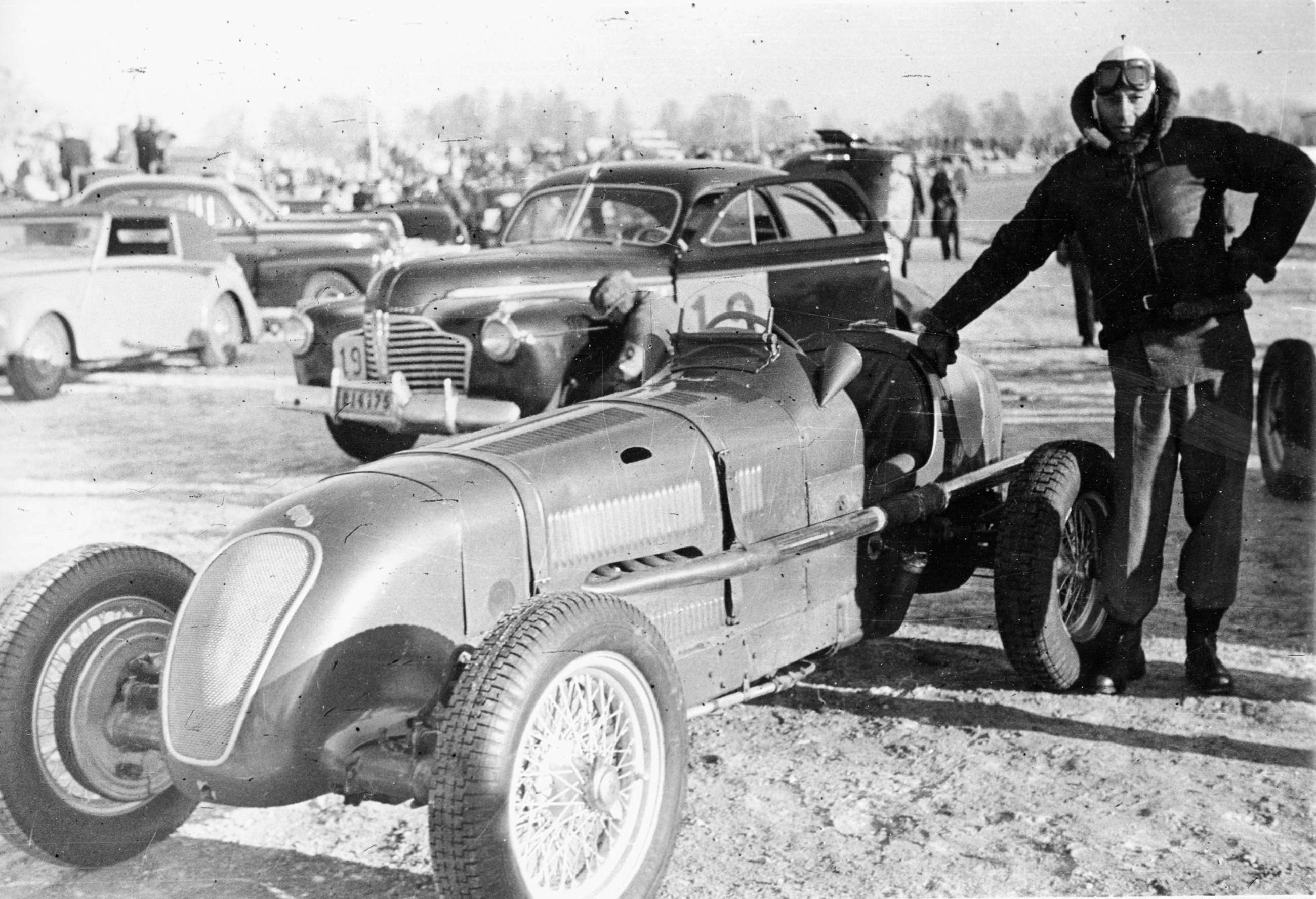 Goodwood early star George Abecassis with his ERA at Lake Vallentuna, February 1947