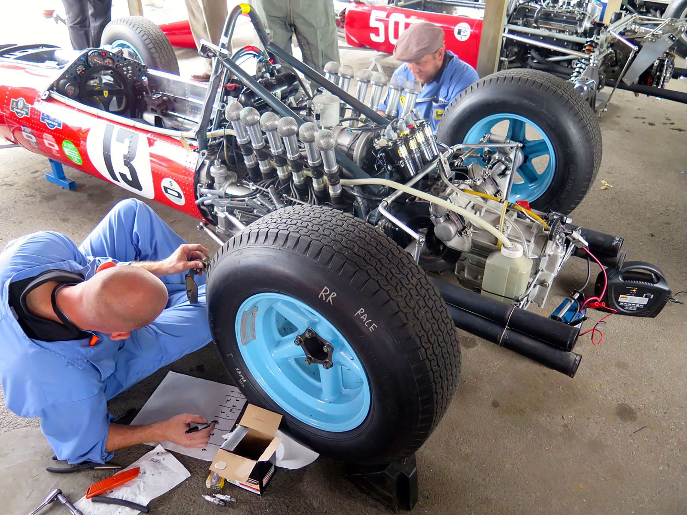 The Auriana team’s Ferrari 1512 chassis ‘0008’ being race prepared in the Goodwood paddock 2018