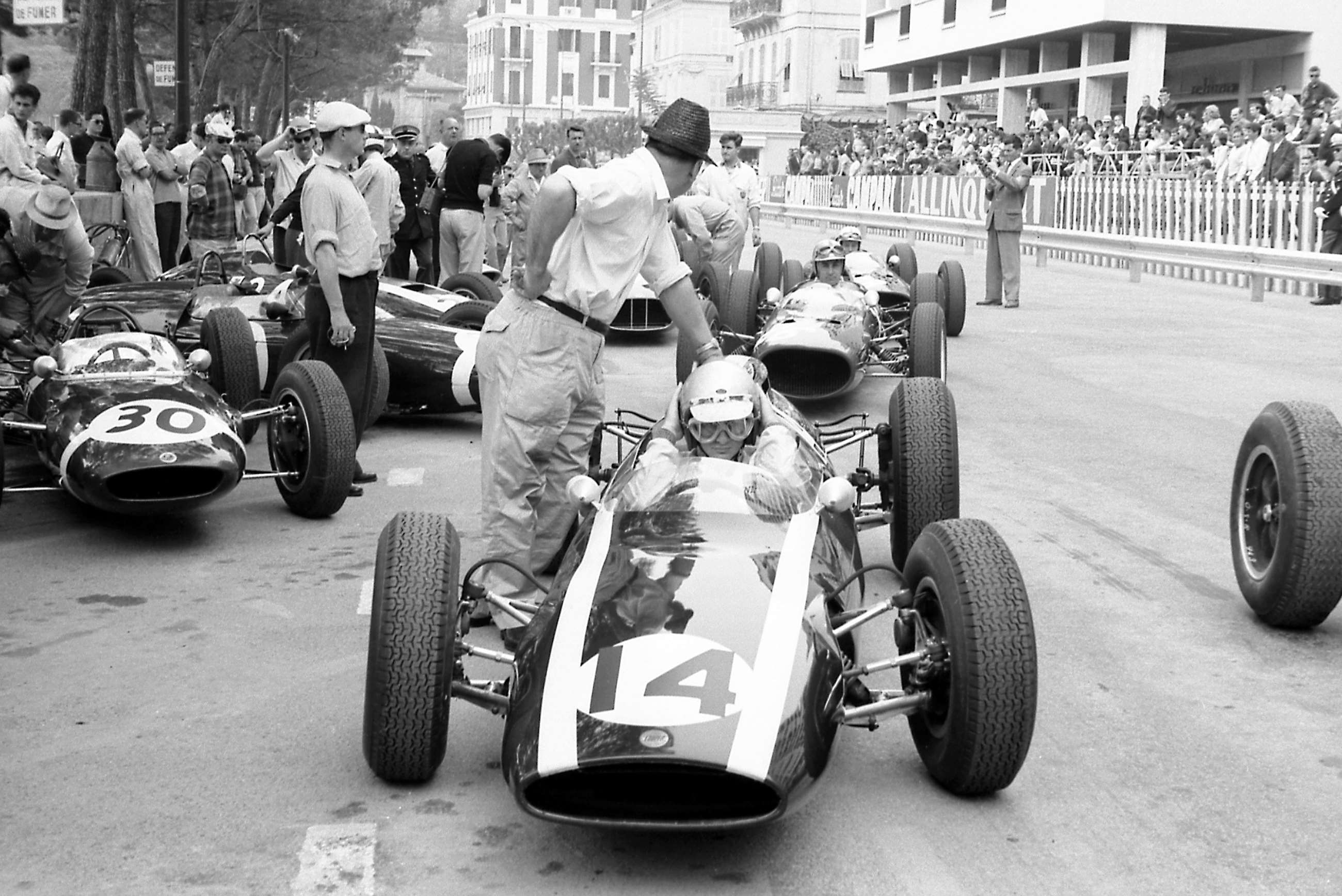 Cooper’s last Formula 1 Monaco GP victory. John Cooper (left) with winner Bruce McLaren in the handsome works Cooper-Climax V8 T60.