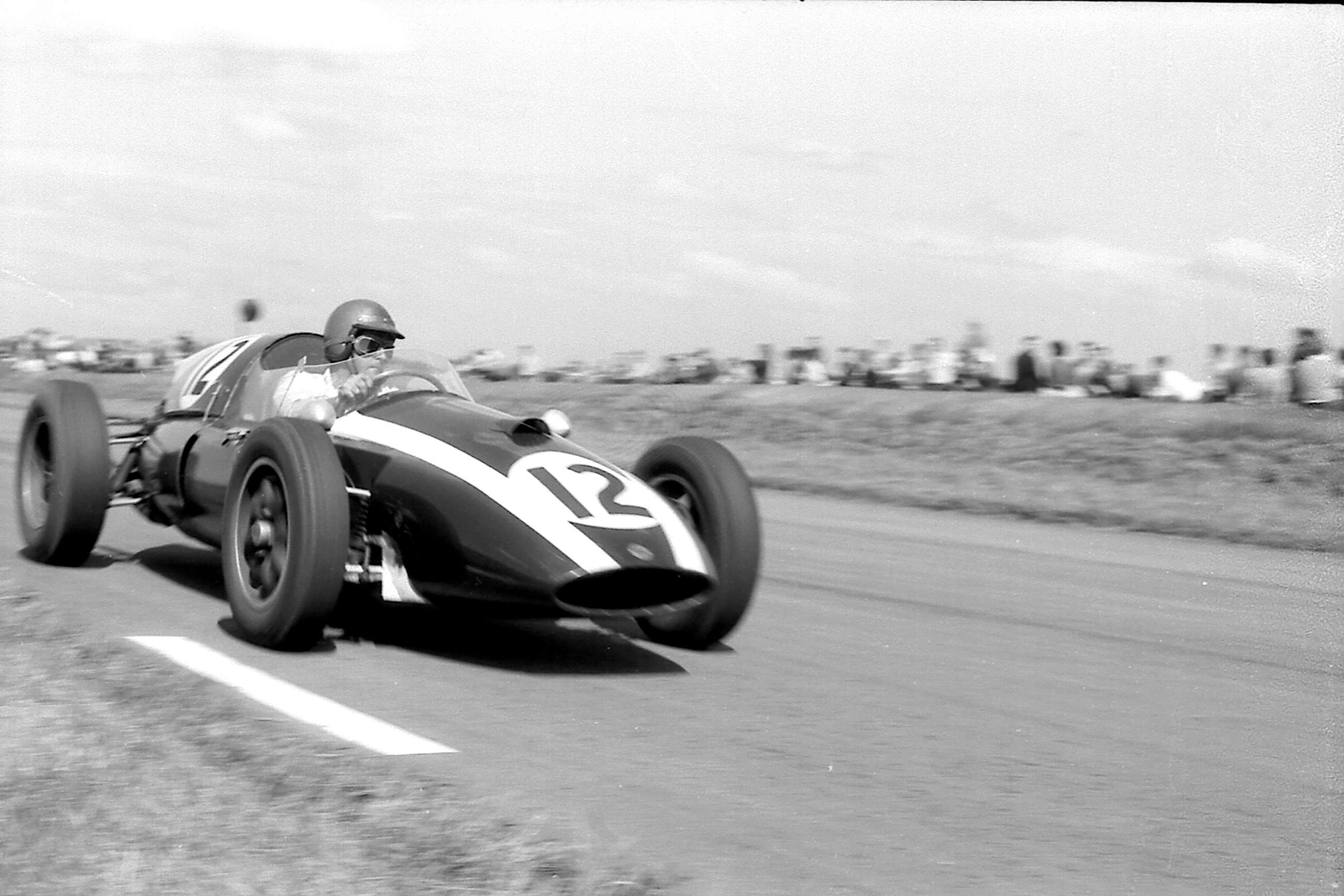 Second win, 1959. Jack Brabham utterly dominating the British GP at Aintree in his full 2.5-litre Cooper-Climax T51.