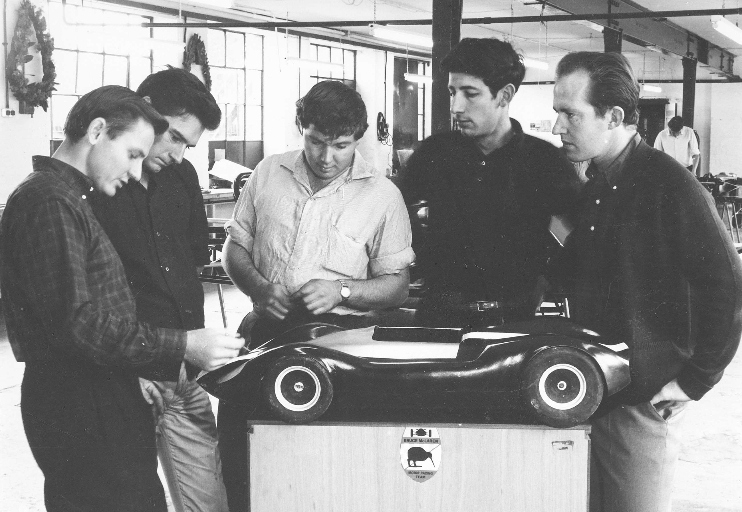 Kiwis all going somewhere fast - the McLaren team’s early HQ at Feltham 1964-65. Left to right: Bruce McLaren, Wally Willmott, Bruce Harre, Howden Ganley, Eoin Young.