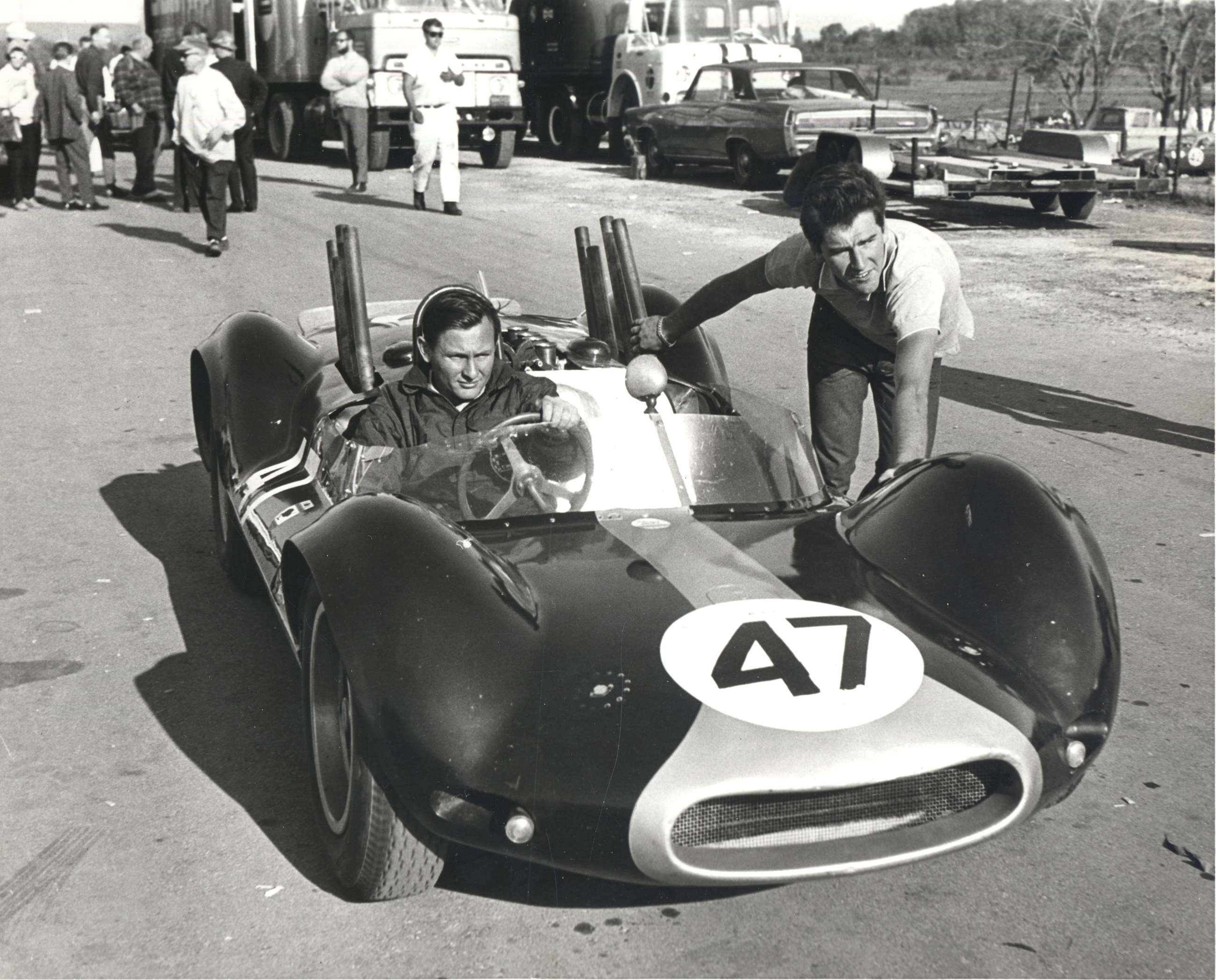 Wally Willmott (right) with the first Bruce McLaren Motor Racing Team Cooper-Zerex-Oldsmobile V8 at Mosport Park, Canada, 1964.