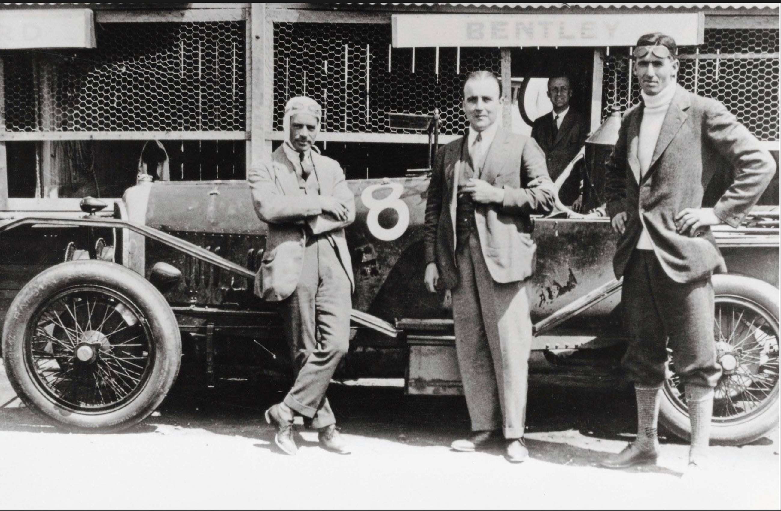 The winning Le Mans team. Frank Clement (left), W.O. Bentley himself (centre) and John Duff (right).