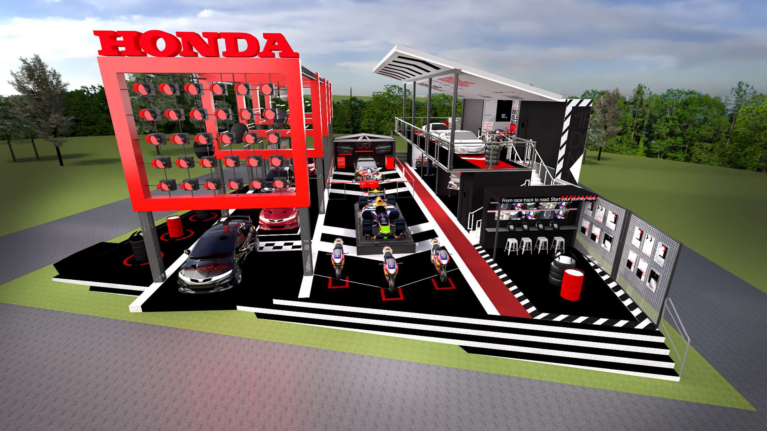 Honda's stand in 2018 featured a brightly lit starting grid, a pit lane, pit garages and a grandstand all designed to showcase Honda’s racing pedigree.