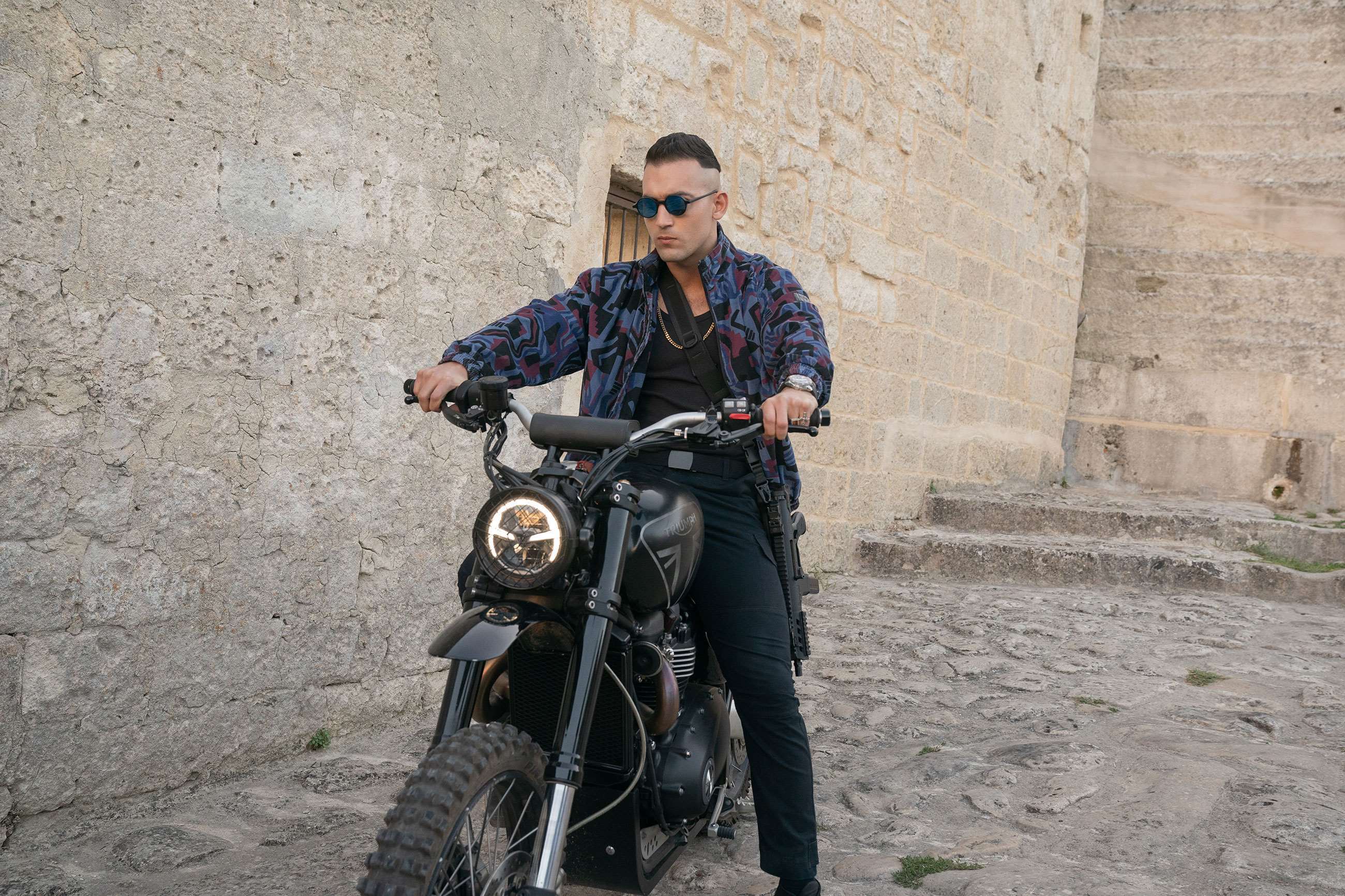 Bond baddie 'Primo' on a Scrambler 1200 XE.