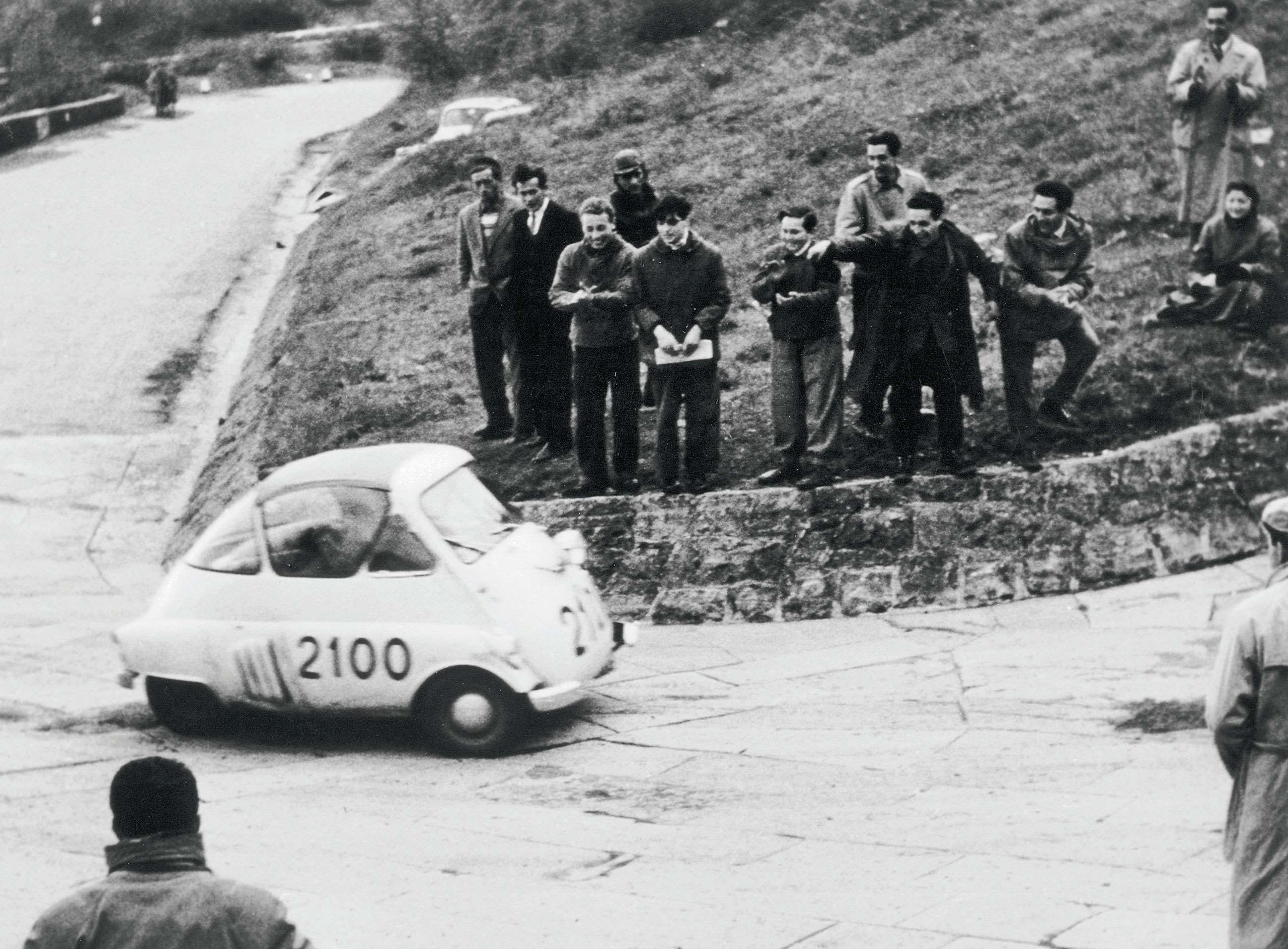 An ISO Isetta competing in the 1954 Mille Miglia. This was the leading Isetta, finishing first in class ahead of four others. 