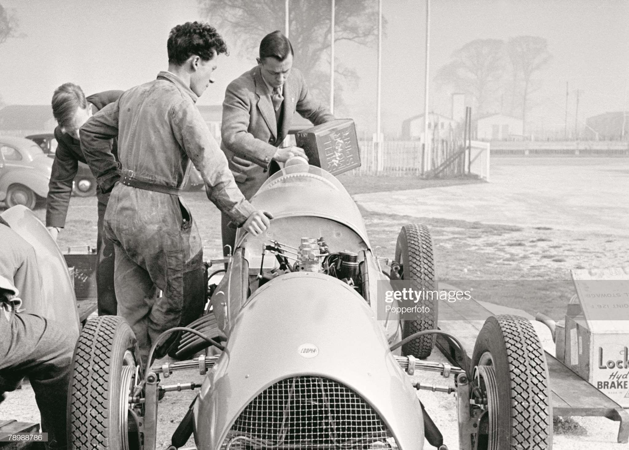 Track-testing a Cooper Bristol 2-litre car at Goodwood in 1953