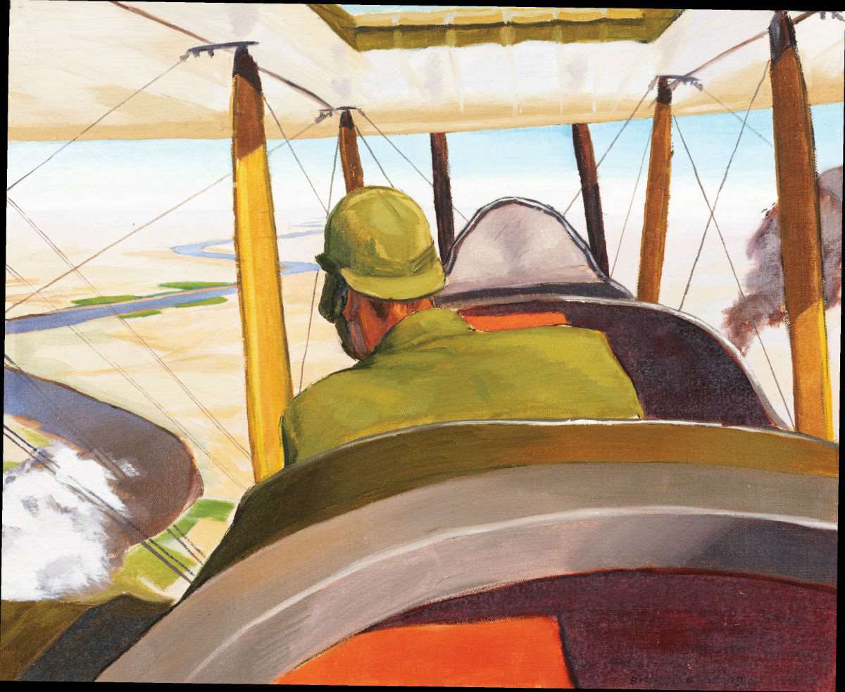 Sydney Carline's A British Pilot in a BEC2 approaching Hit along the course of the River Euphrates 1919.